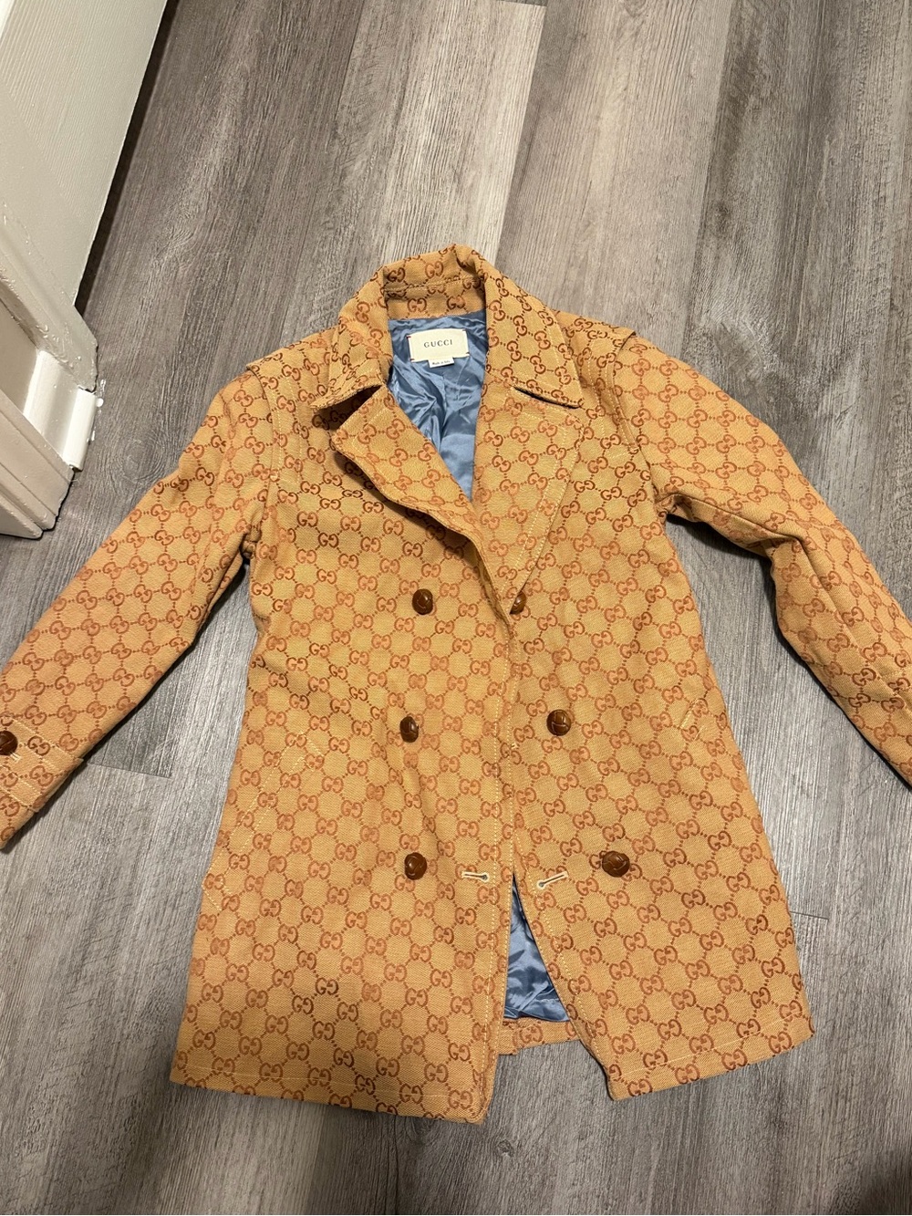 Gucci Tan Monogram Double-Breasted Pea Coat with Blue Lining